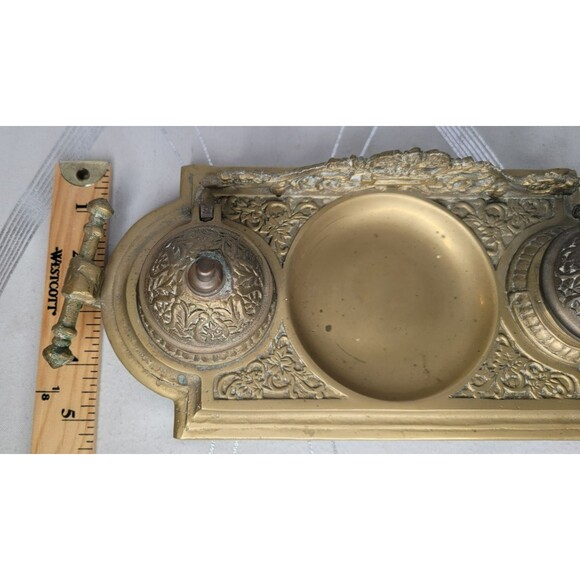 Vintage Ornate Double Ink Well Brass w Inserts Covers Decorative Desk Victorian - Picture 10 of 11